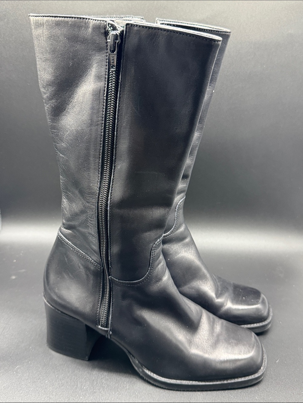 Enzo Angiolini Black Leather Mid-Calf Zip Heeled Boots Sz 7.5